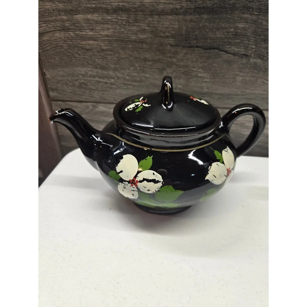 Vintage Black Ceramic Teapot Hand‎ Painted White Dogwood Floral Design with Lid
